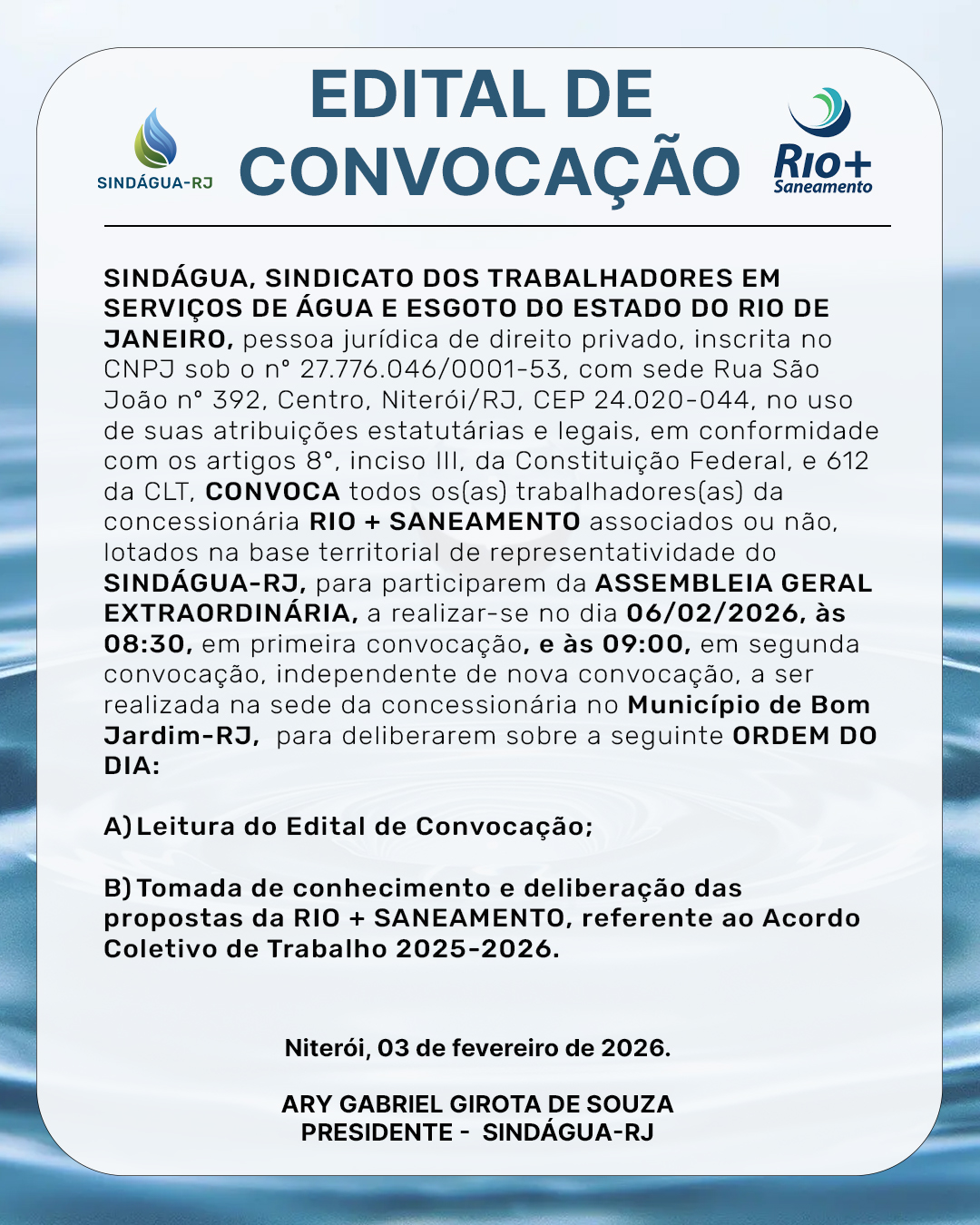 CONVOCAÇÃO – Assembleia de Acordo Coletivo – Rio + Saneamento