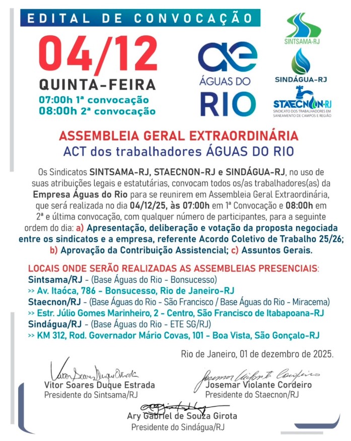 CONVOCAÇÃO – Assembleia Acordo Coletivo – Águas do Rio