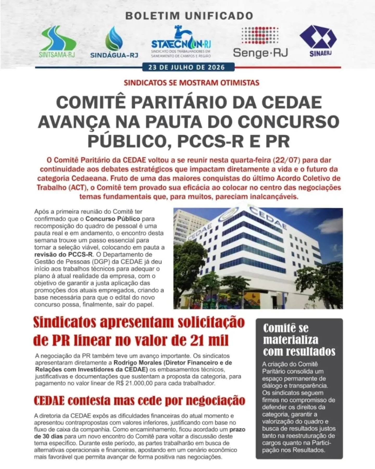 Comitê Paritário da CEDAE avança na pauta do Concurso Público, PCCS-R e PR