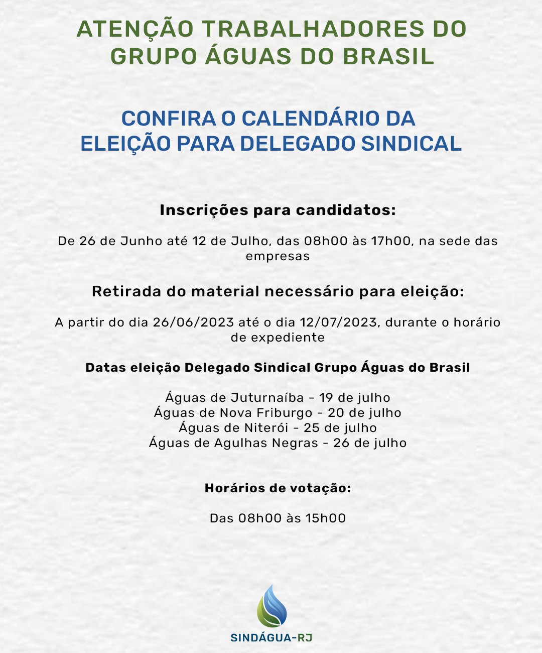Atenção trabalhadores do Grupo Águas do Brasil! Confira o calendário da eleição para Delegado Sindical