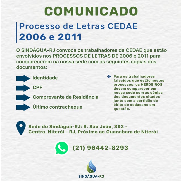 CHAMADA PARA OS TRABALHADORES DA CEDAE (PROCESSO DE LETRAS 2006 E 2011)