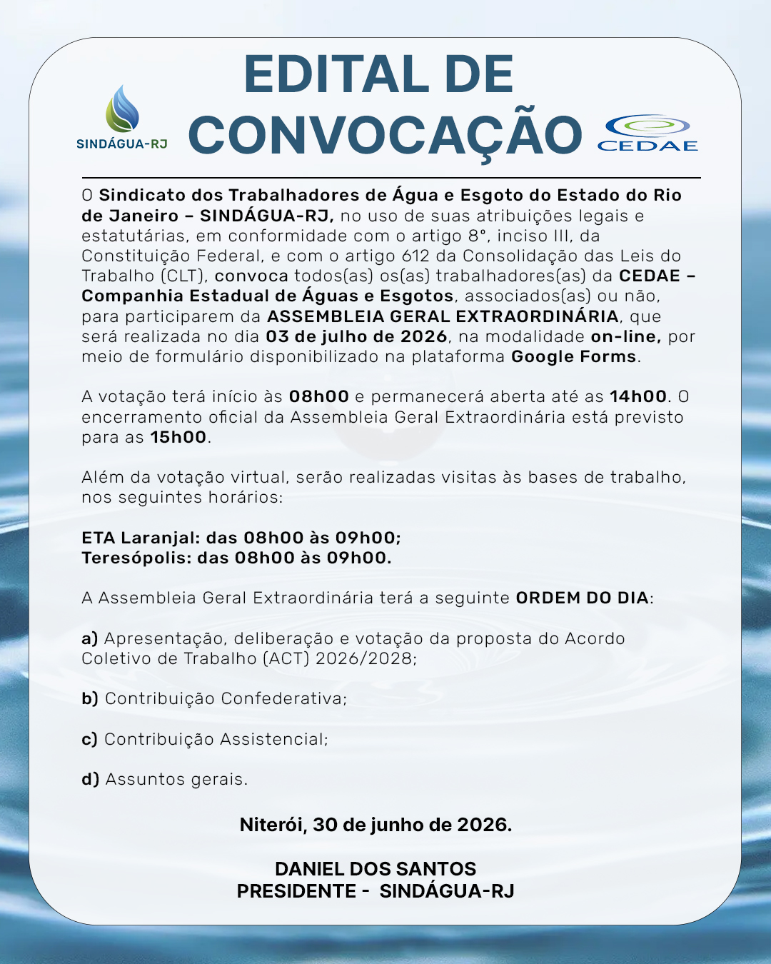 CONVOCAÇÃO – ASSEMBLEIA GERAL EXTRAORDINÁRIA – ACT CEDAE 2026/2028